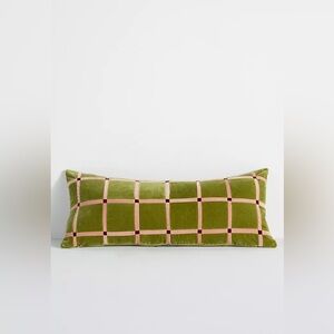 Anthropologie Olive Green Velvet Lumbar Pillow with Blush Grid